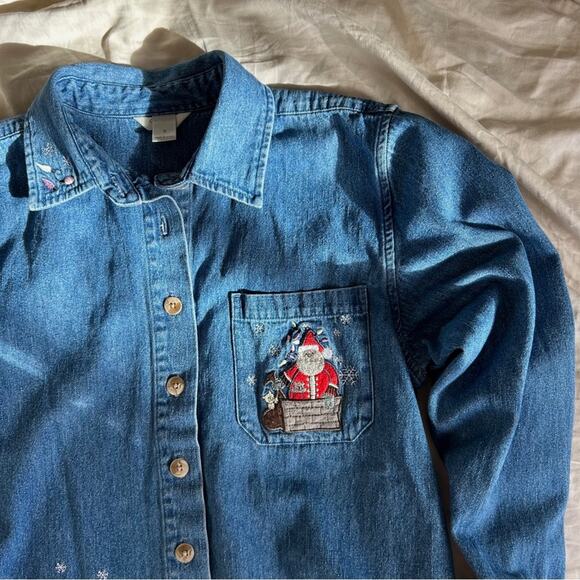 Vintage Christmas Santa Denim Button Down - Picture 3 of 7